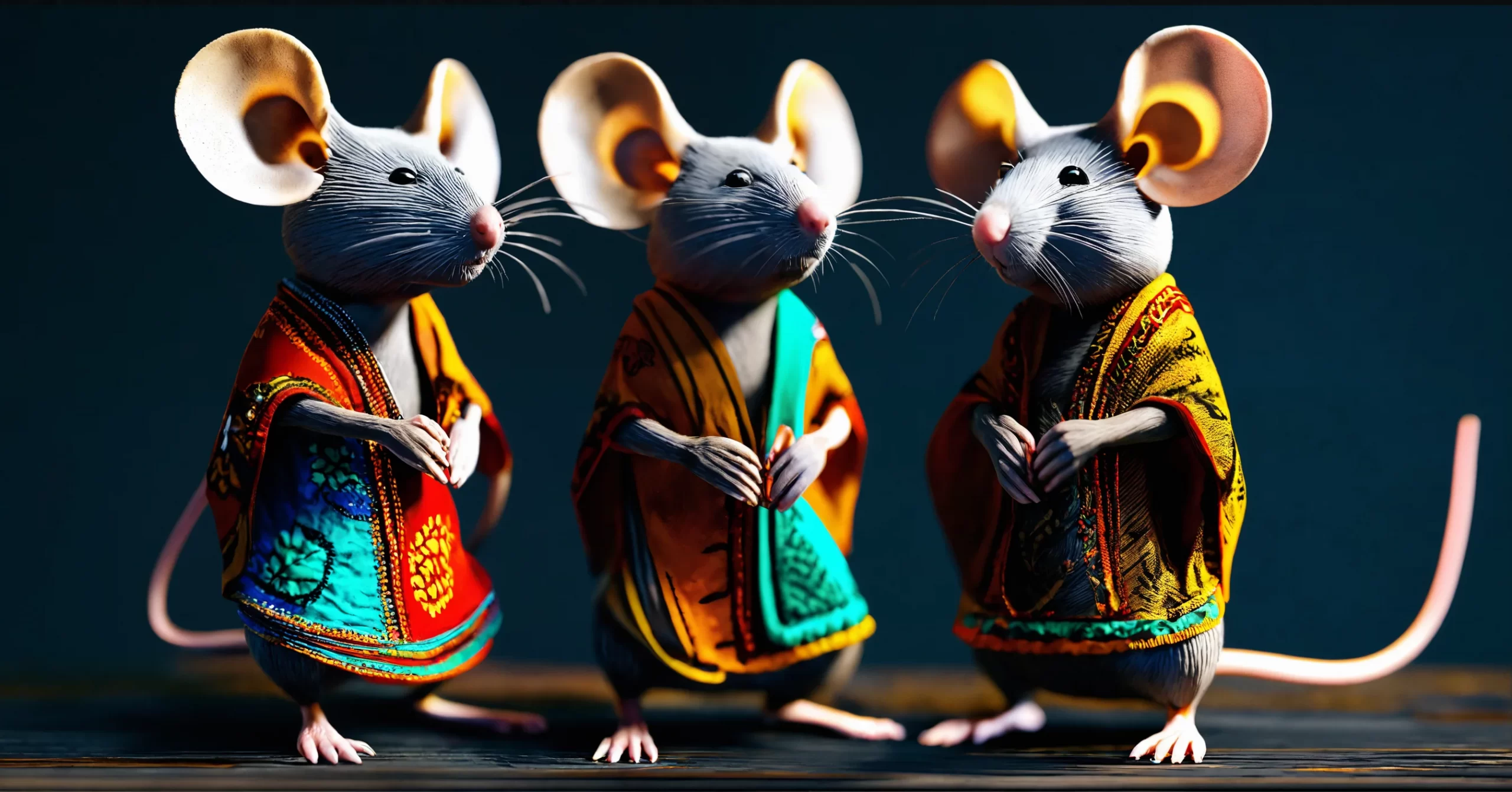 THREE STANDING MICE IN A YORUBA HAUSA AND IGBO ATT